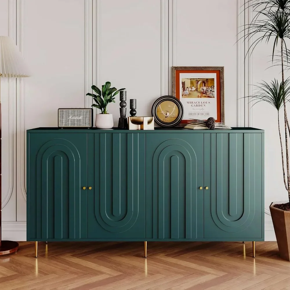 

60" Sideboard Buffet Cabinet, Green Entryway Table with Storage Wood Credenzas, 4 Doors & Adjustable Shelves