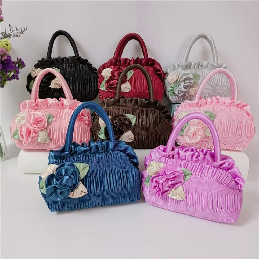 

Ruffle Hanfu Rose Flower Handbag Leaf Bubble Zipper Flower Tote Bag Cosmetic Makeup Bag Satin Silk Ethnic Style Wrist Bag