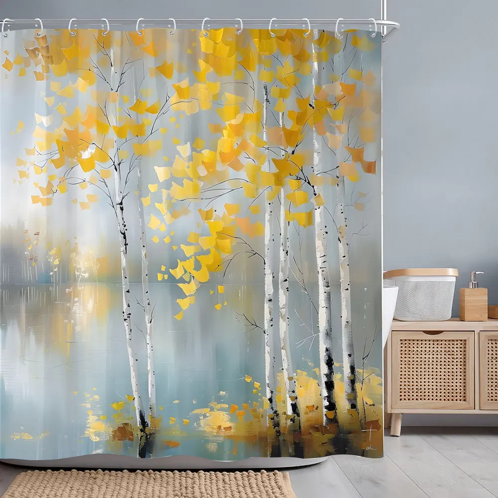 Beautiful Birch Tree Oil Brushstroke Printed Shower Curtain Golden Autumn Leaves Lake Water Fabric Shower Curtain Bathroom Decor