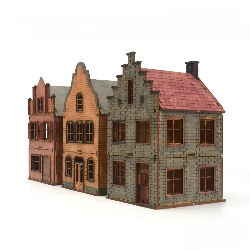 1/72 Holz-Bausatz Europäische Architektur Reihenhaus Laden Kirche DIY Puzzle-Modellbausatz für Tischdekoration