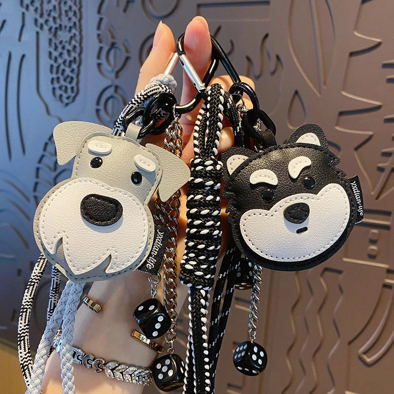 LLavero de perro Bourne Erha de cuero creativo, accesorios para coche, cuerda trenzada de alta gama, dados, cadena de Metal, llavero de Animal Schnauzer, regalo