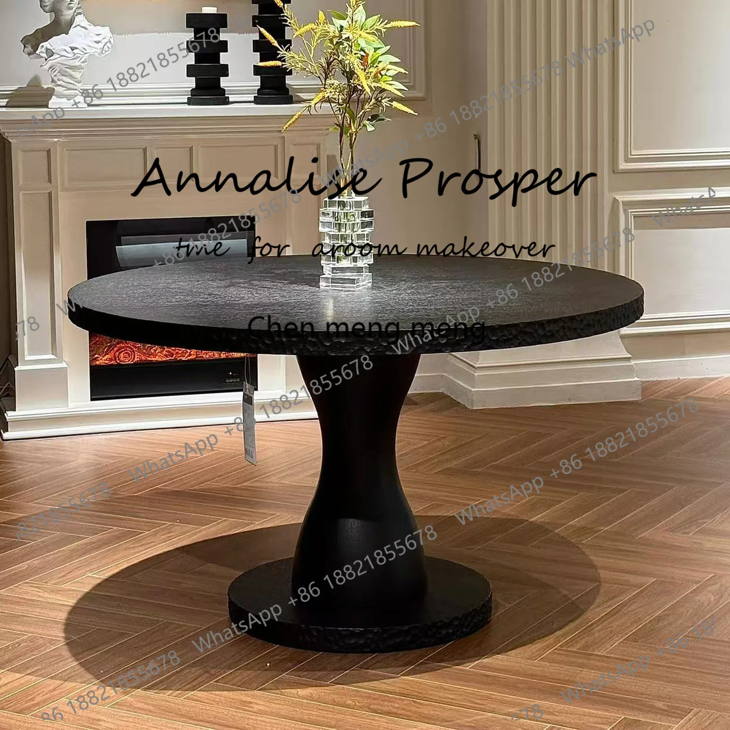 

Vintage Solid Wood Black Round Dining Table Retro French Style Home Table and Chairs Simple Dining Table