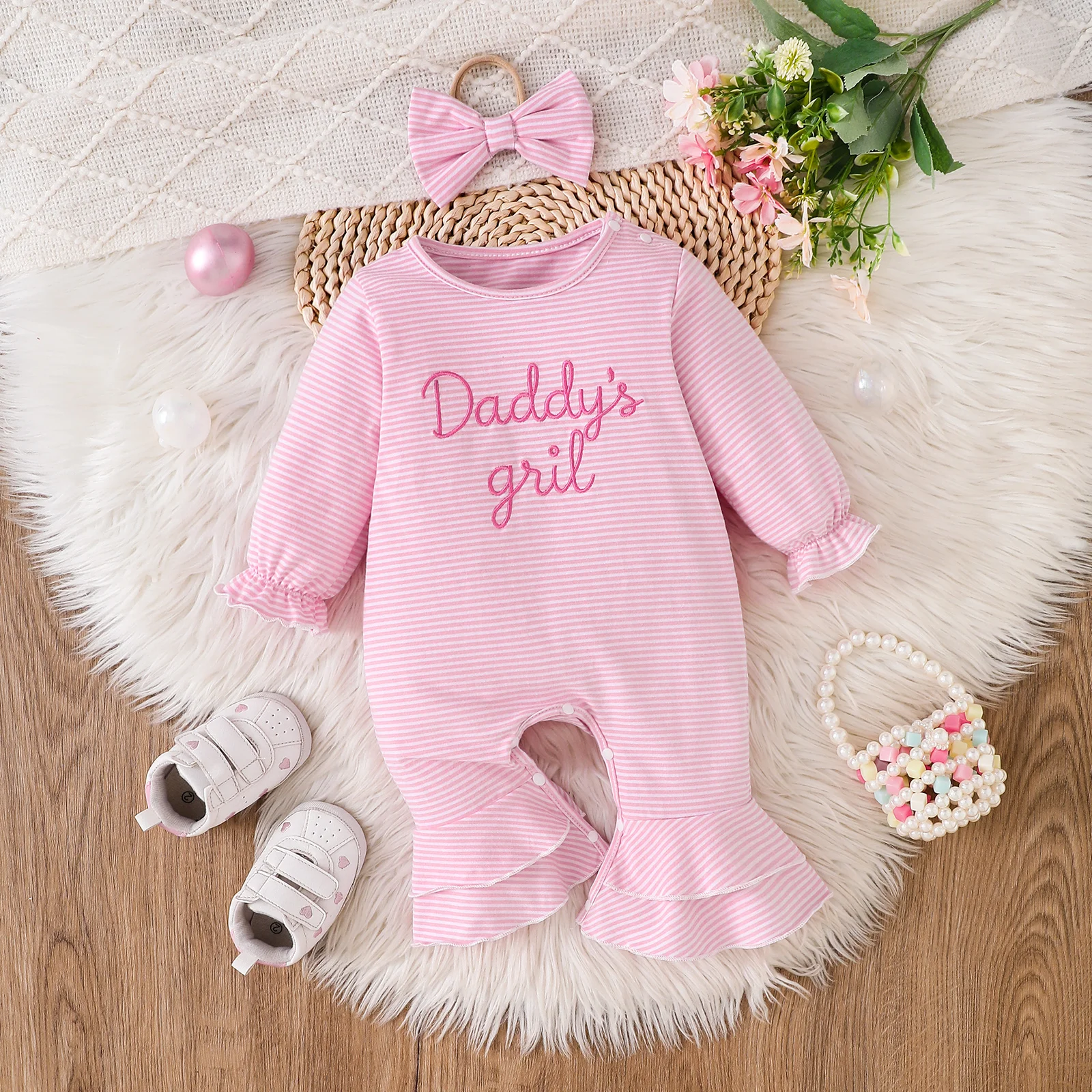 Daddy's Girl Embroidered Baby Girl Striped Ruffle Long Sleeve Romper With Bow Headband Cute Sweet Infant Outfit