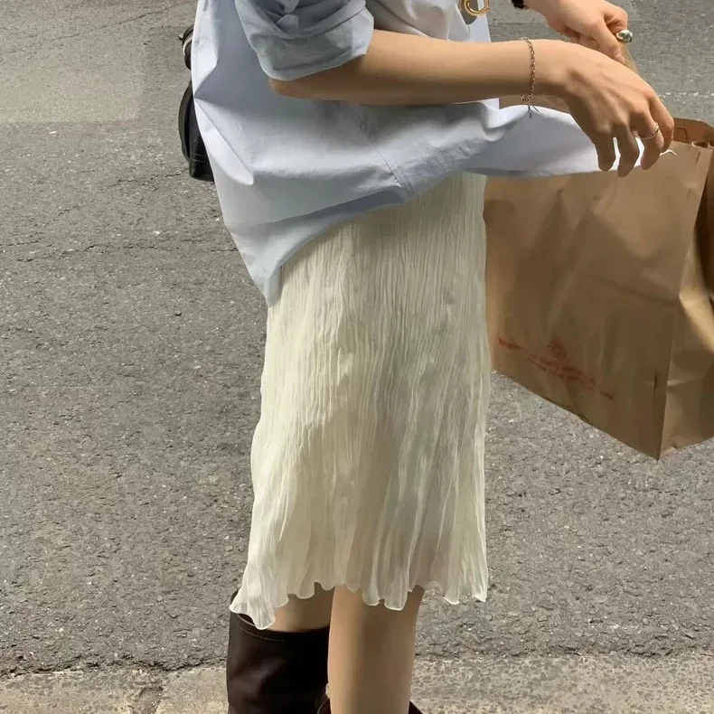 

Нежная плиссированная юбка с высокой талией в стиле ретро от Dongda Gate OUCE, стройнящая, А-силуэт, для женщин, из полиэстера