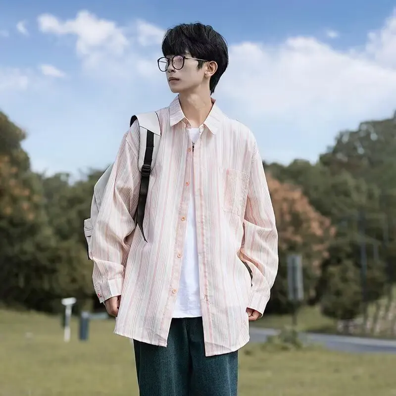 Blue Pink Stripe Shirt Men Long Sleeve Autumn Vintage Style Loose Fit Breathable Wrinkle Resistant Workwear Urban Daily Top