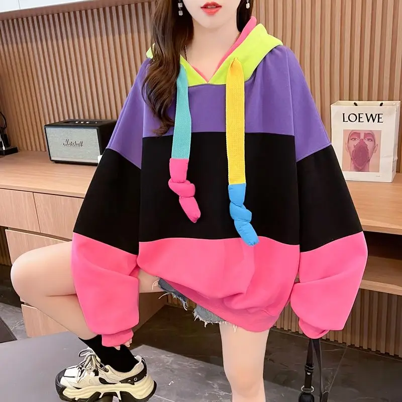 Personalized Contrasting Color Strap Sweatshirts Splicing Medium Long Hooded Women\'s Korean Casual Color Print Loose Pullovers