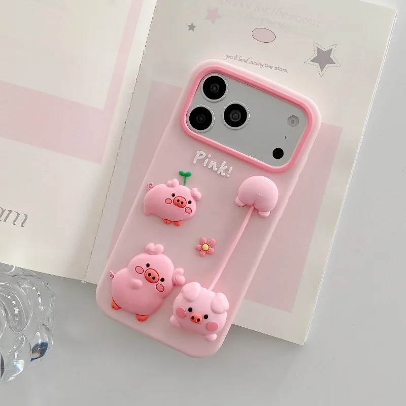 3D Cartoon Piggy Pendant Silicone Phone Case For IPhone 17 16 15 14 13  Pro Max Soft Back Cover