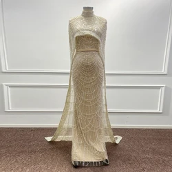 Luxury Pearls Dubai Champagne Evening Dresses With Cape 2023 New Arabic Women Mermaid Wedding Party Prom Gown Robe De Soiree