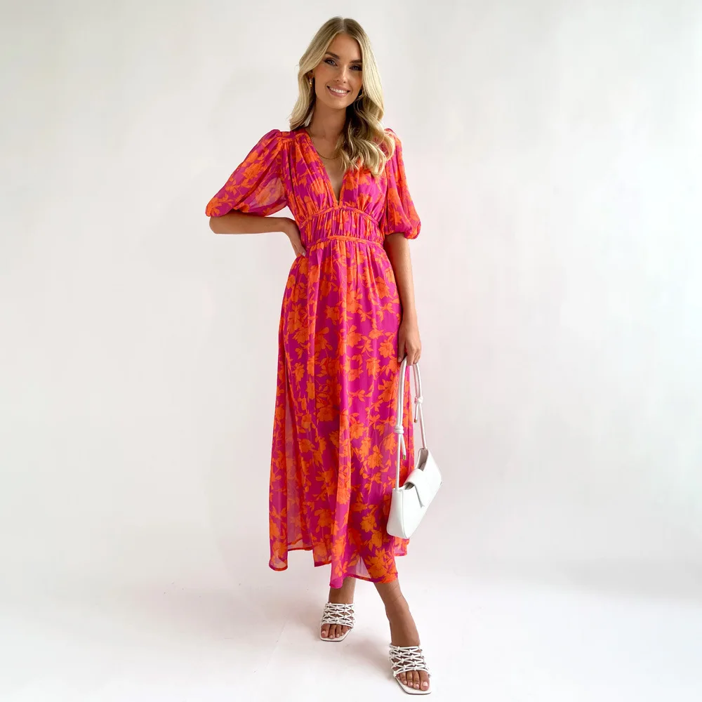 2026 moda Boho vestido largo con estampado Floral para mujer nueva primavera verano manga corta cuello en V estilo elegante Maxi vestidos bata femenina