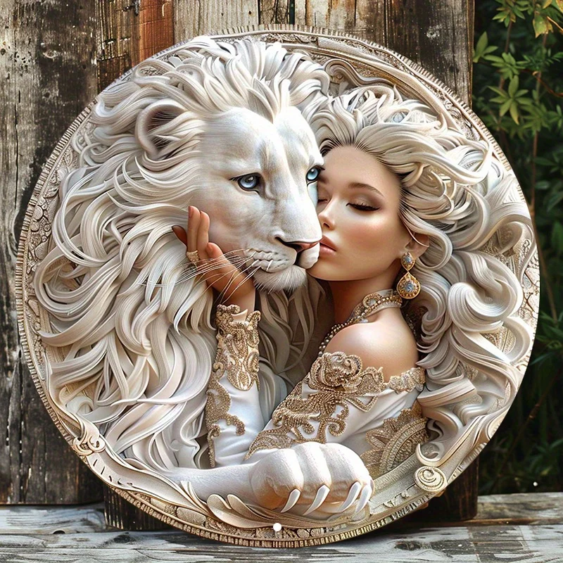 Stunning Woman & White Lion Art - Round Metal Sign - HD Print, Waterproof, Weather Resistant, Wall Decor for Home, Door, Wreath