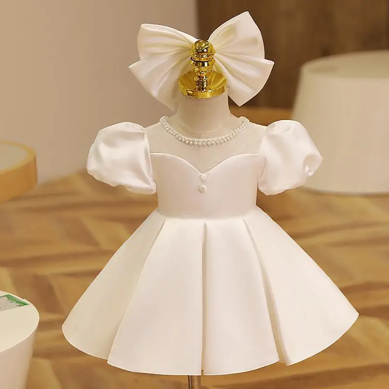 

New Luxurious Kid Baby Girls Princess Bow Gown Beaded Flower Girl's Birthday Piano Performance Dress Summer Princess Dress