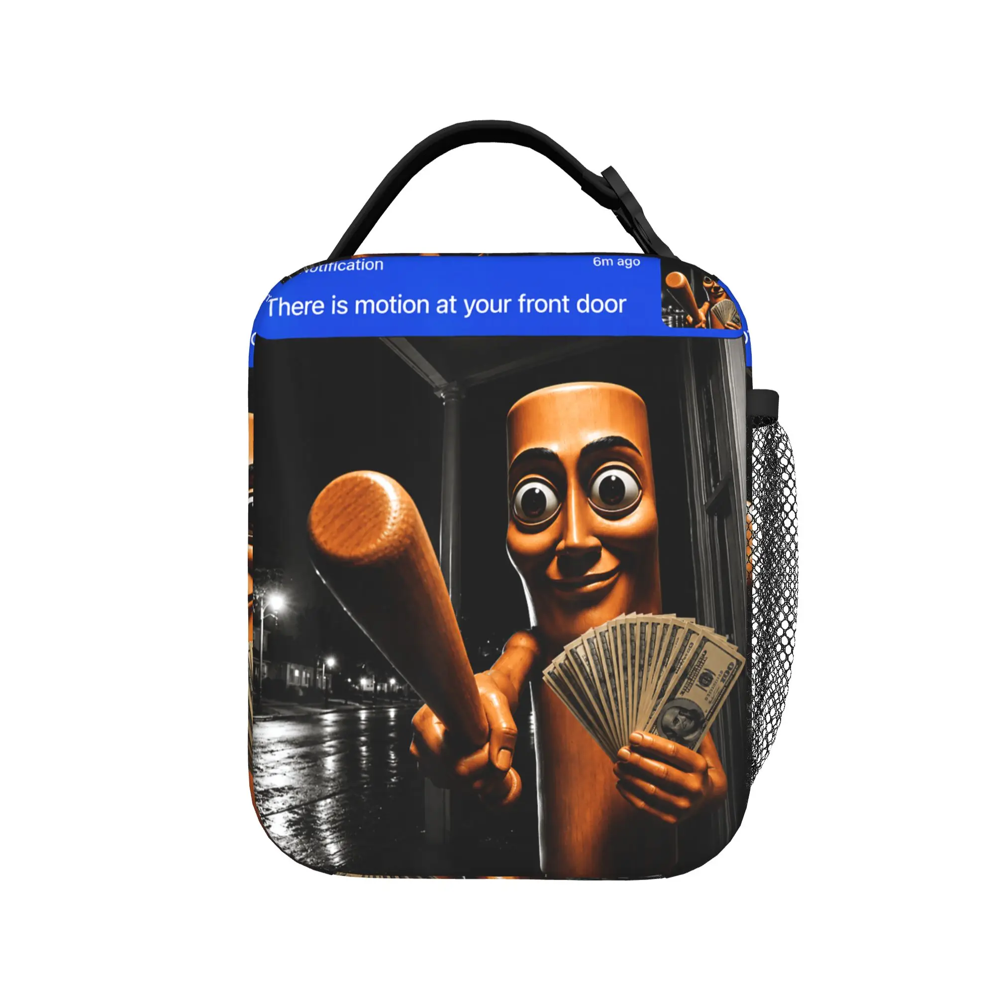 There is Motion at Your Front Tung Tung Tung Sahur Money Lunch Bag Portable Zipper Lunch Box Women Picnic Print Cooler Bag
