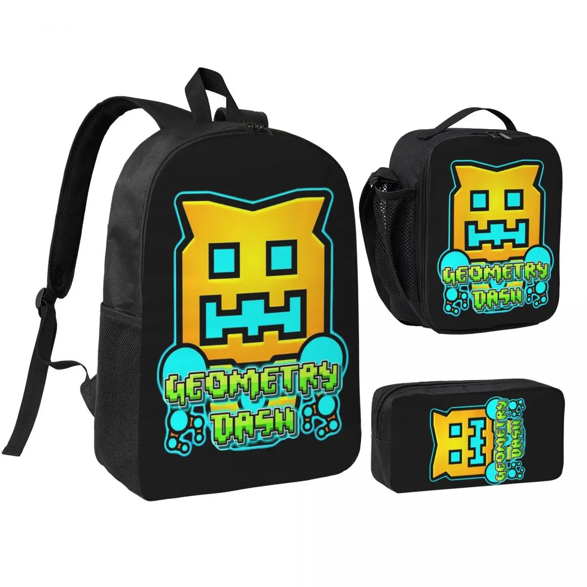 

3pecs/set Games Video Game Geometric Dash App Fun Backpack for Student Geometry Dash College Daypack Lunch bag Pencil Case