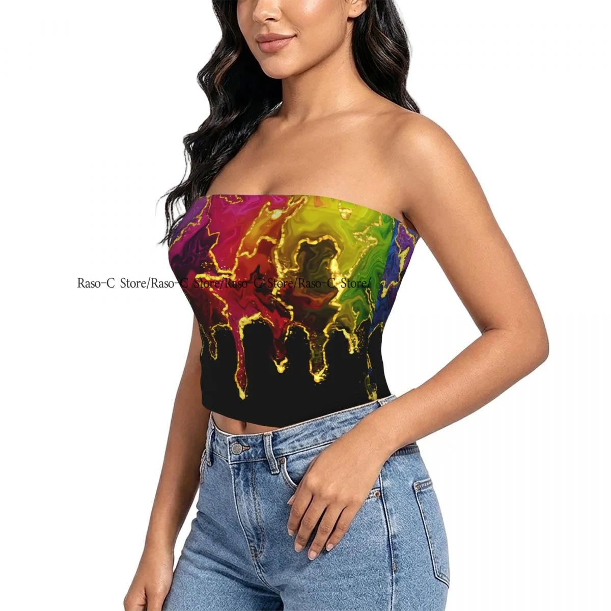 Strapless Sexy Tube Tops Summer Outfits Women Backless Shoulder Wrap Rainbow Marble Abstract Pattern Female Crop Top
