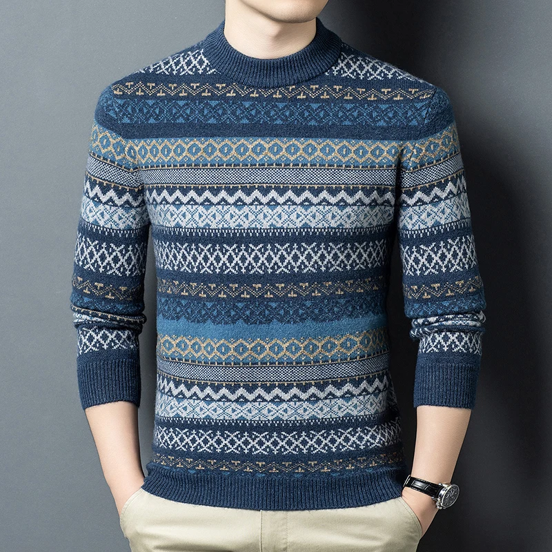 

New Trendy Striped Men Sweater 2025 Winter Thick Fashion Patchwork Jumper Long Sleeve Warm Knitwear Pullover Clothes