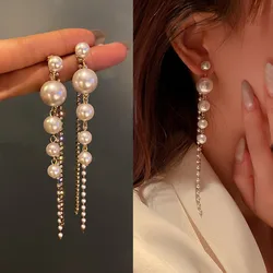 925 Silver Needle Long Crystal Pearl Tassel Earrings For Women Jewelry 2026 Trending Korean Fashion Women's Luxury Drop Earrings