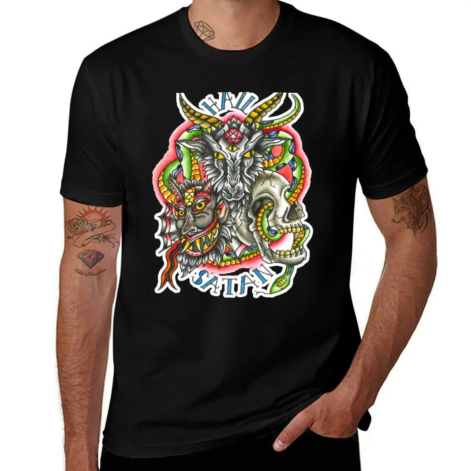 Camiseta con diseño de tatuaje Hail Satán, camiseta informal holgada para el trabajo