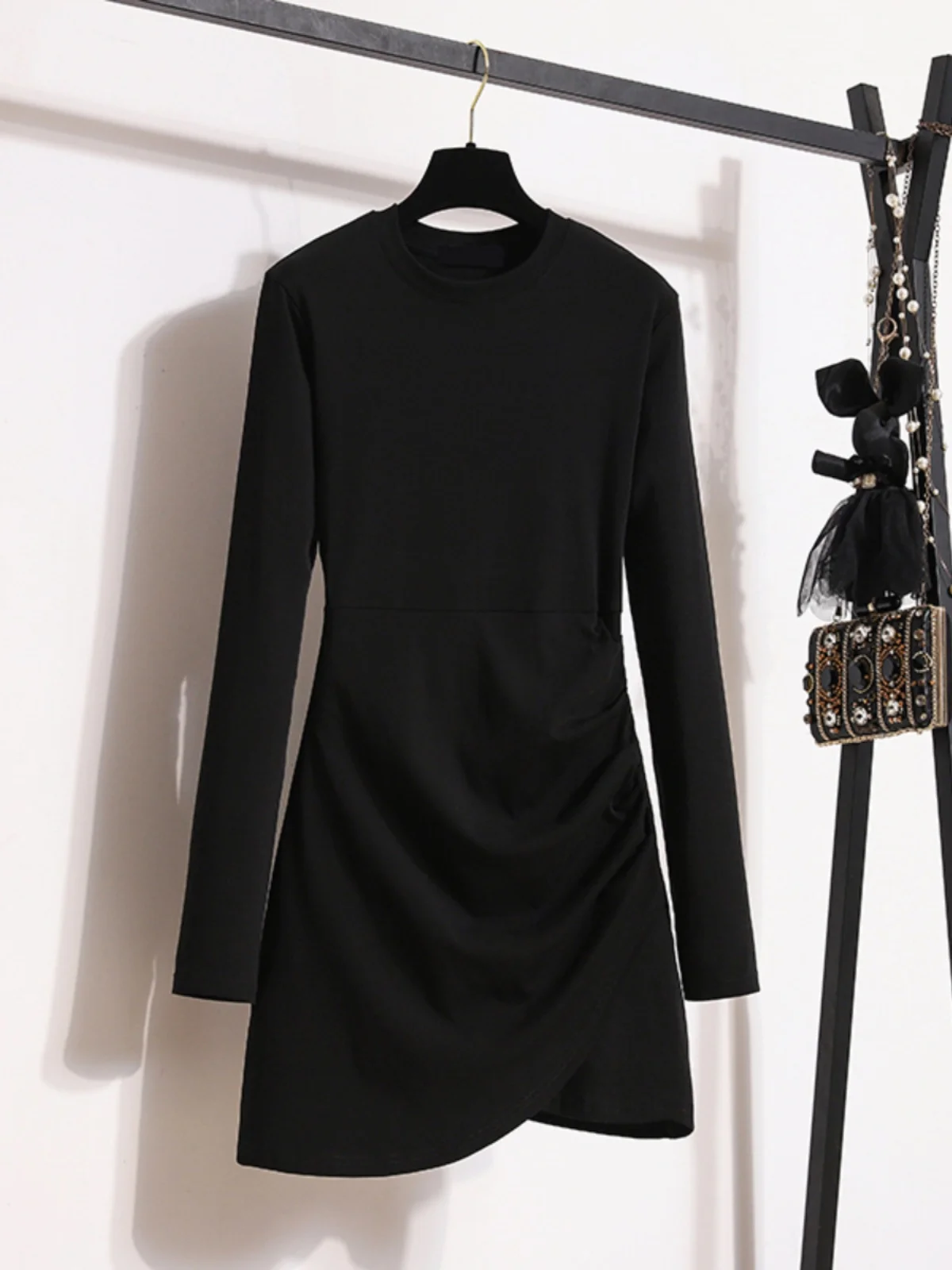 Black Asymmetrical Bodycon Dress Spring New Style Slimming Inner Wear Base Layer  Dress High Waist A-Line Korean Style