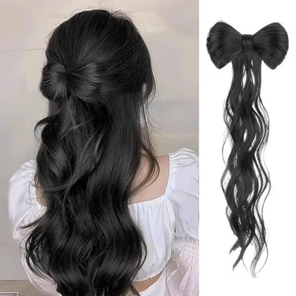 35cm Women Wig Bow-knot Half-tie High Ponytail Wig Clip Hair Bag Curly Black Natural Look Anti-slip Hair Extension Fake Ponytail