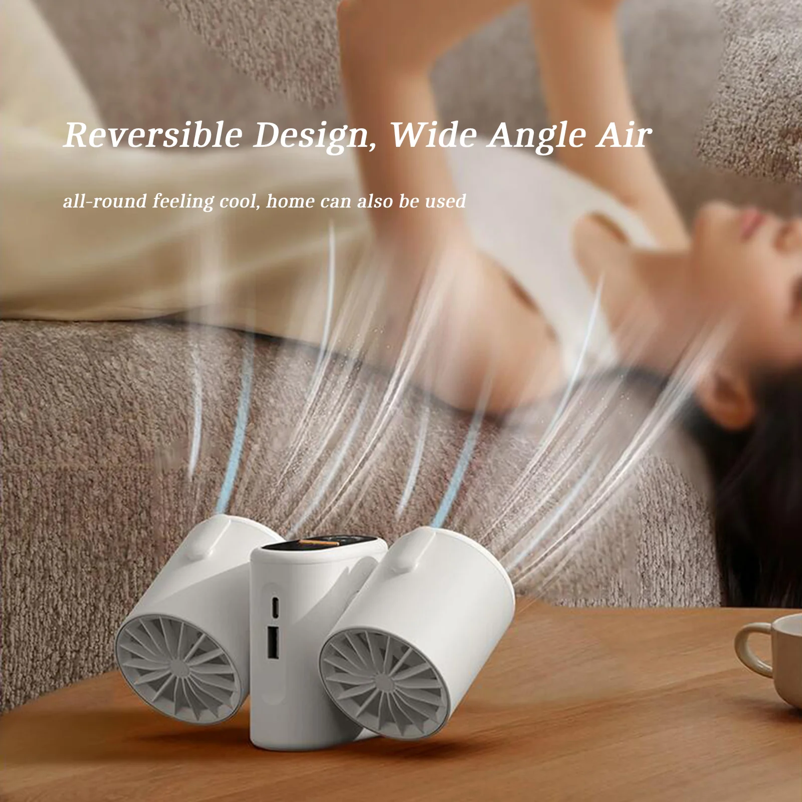 Ventilador Pessoal Ventilador de Cintura com Cabeça Dupla, Mãos Livres, 3 Velocidade Ajustável, Recarregável para Campismo, Multifuncional, Leve