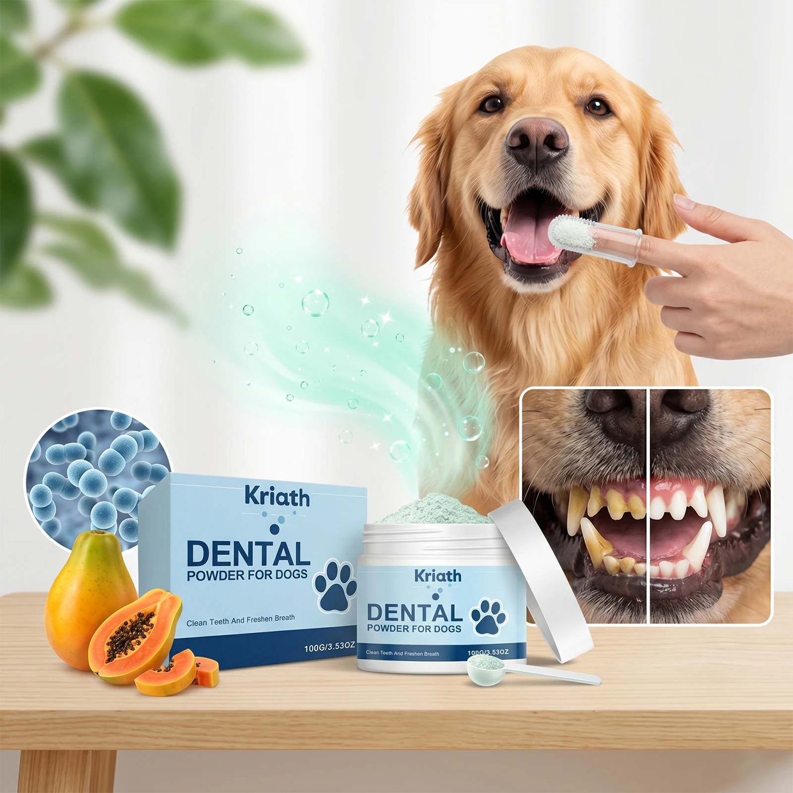 Dog Dental Powder for Bad Breath Relief and Plaque Tartar Care with Enzymes for Oral Health and Digestive Support Pet Clean