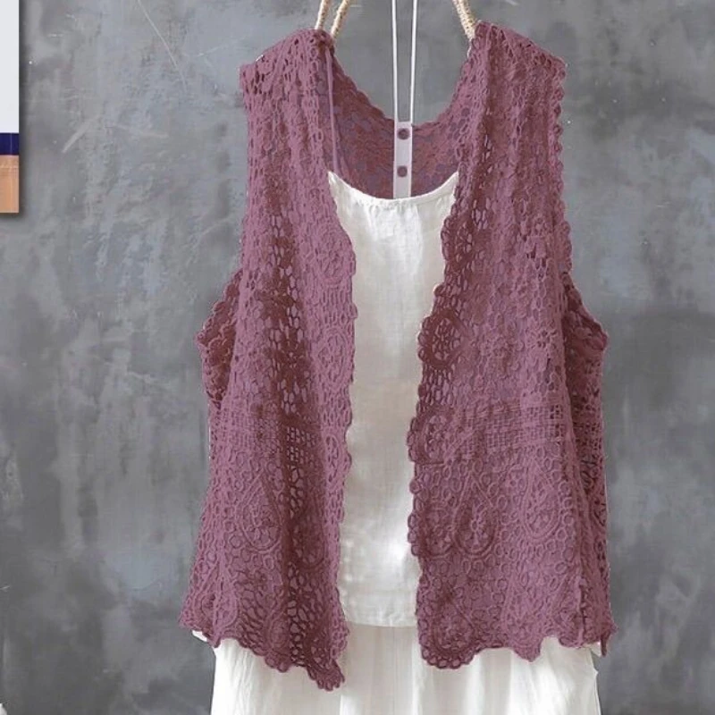 Women V-Neck Hollow Out Crochet Vest Female Sleeveless Jacket Cotton Lace Waistcoat Knitted Embroidery Cardigan Knit Vest Q311