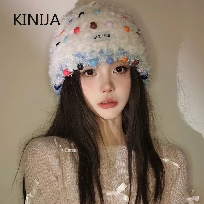 المرأة الملونة غطاء للأذنين قبعة صغيرة شتاء دافئ رقيق أفخم Skullies قبعة الكورية الباردة واقية محبوك تزلج الثلوج بونيه Plu قبعة