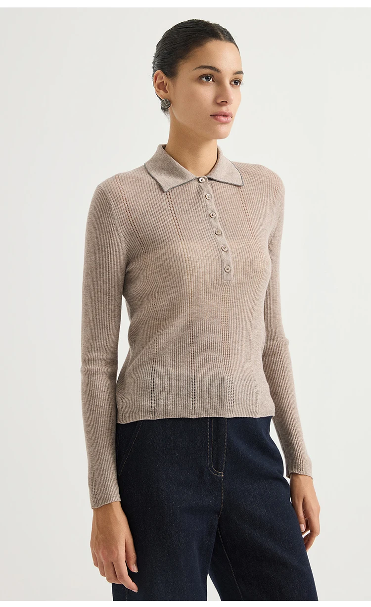 BY3621691 Damen-Polokragen-Pointelle-Strickjacke aus Wollmischung mit langen Ärmeln, halber Knopfleiste, Muschelknopfverschluss, Kette, dezenter Luxus für den Herbst – Detail 10