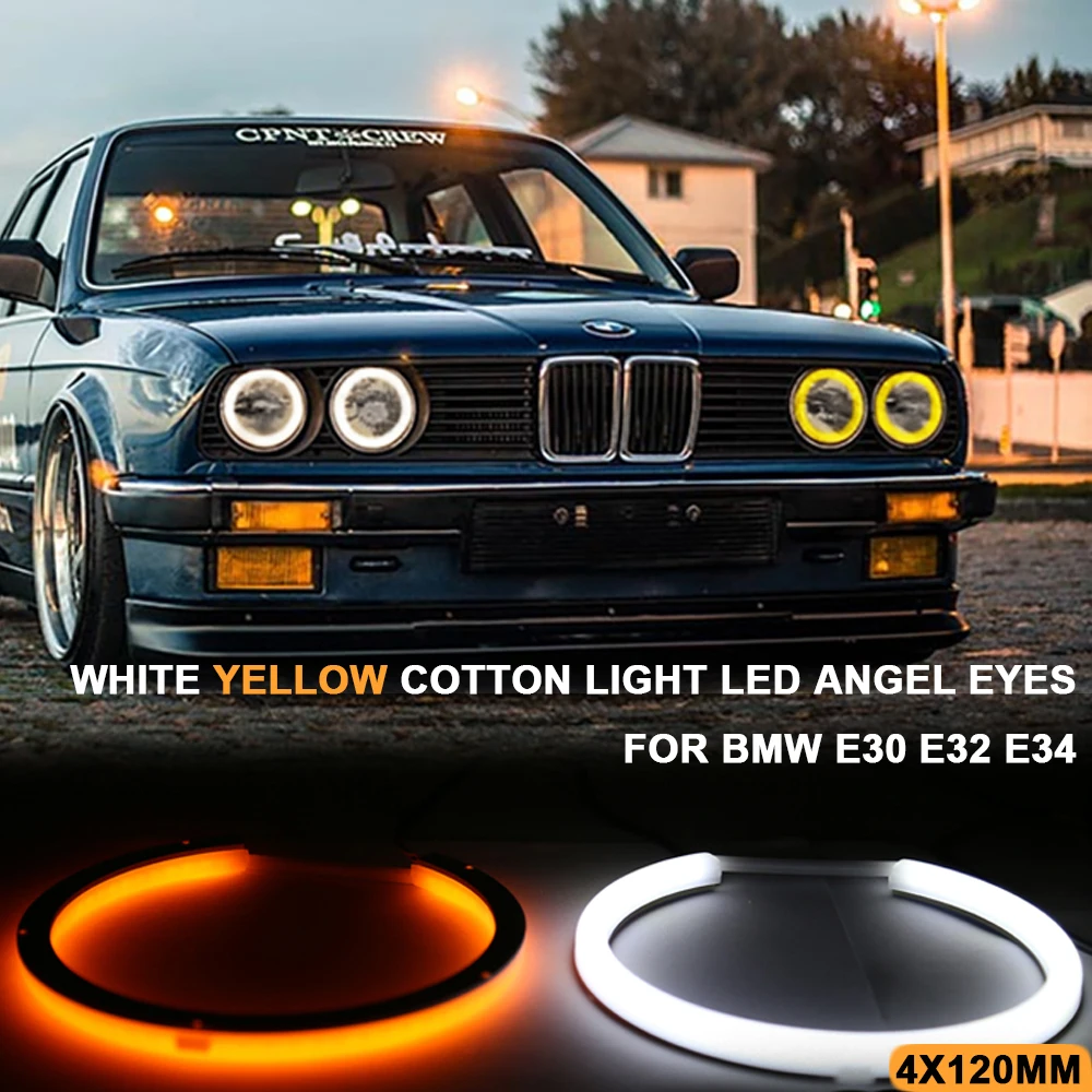 

4Rings Dual Color Cotton Light LED Angel Eyes Halo Rings For BMW 3 5 7 Series E30 E32 E34 Car Headlights Free Error White Yellow