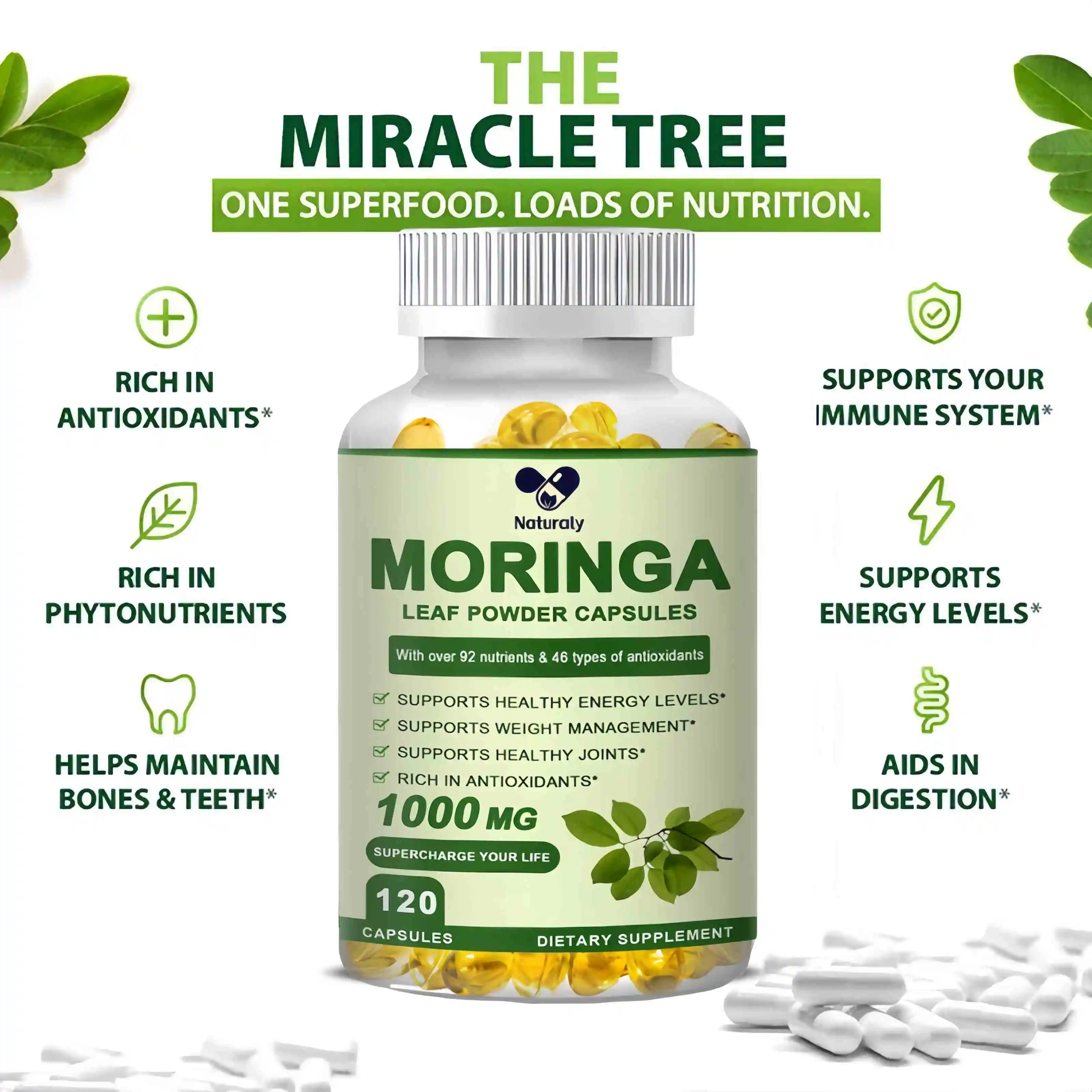 Organic Moringa Supplement Capsules | Support Immune System, Energy, Metabolism