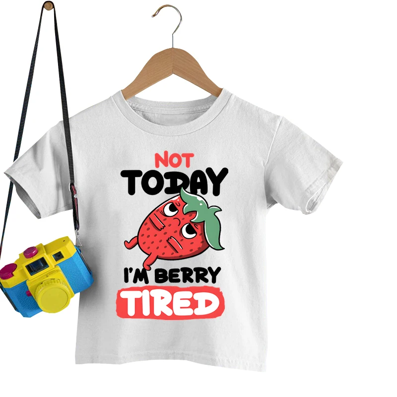 Not Today I'm Berry Tired Print Kids T-shirt Cartoon Anime Strawberry Top Tees Short Sleeves Round Neck Boys Girls Summer Tshirt