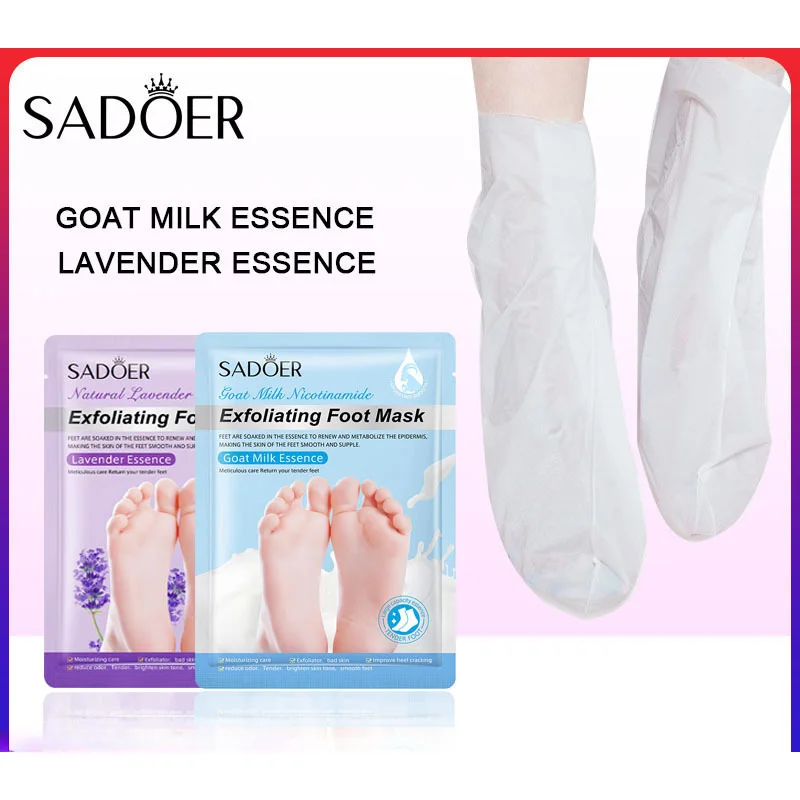 SADOER Exfoliating Foot Mask Goat Milk Lavender Essence Dead Skin Remover Peeling Foot Care Mask For Cracked Heels Dry Feet