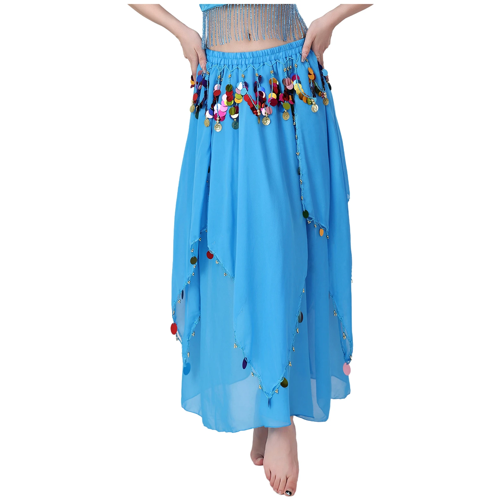 Bauchtanz-Chiffon-Rock für Damen, glitzernde Pailletten, Quaste, unregelmäßiger Saum, dehnbarer Rock, Tanzbekleidung, indischer Tanz, Volkstanzkleidung