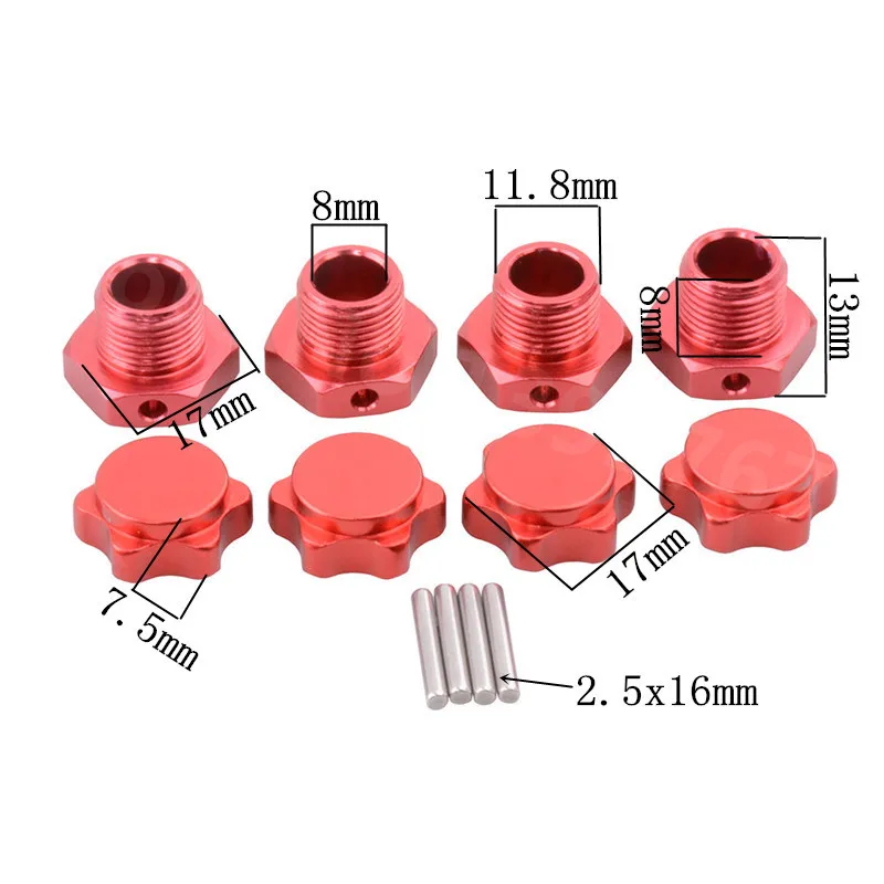 Écrou de roue adaptateur de pneus en alliage d'aluminium, moyeux hexagonaux avec broches, voiture RC, modèles à l'échelle 1/8, HSP 1/8, 17mm, 4 pièces par lot