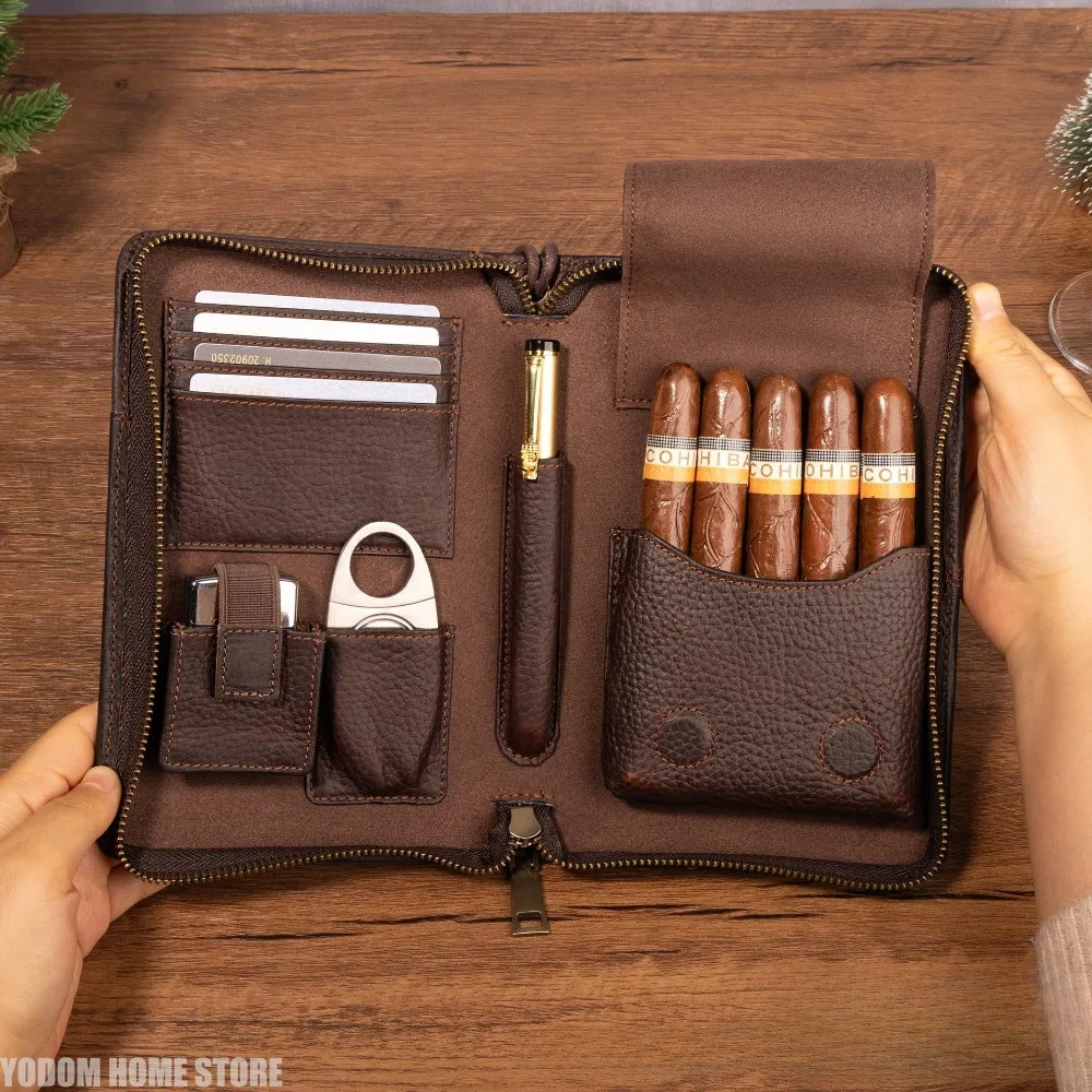 New Vintage Portable Cigar Travel Humidor Case with Cigar Cutter Holder Multi-function Storage Card Wallet Bussiness Gift