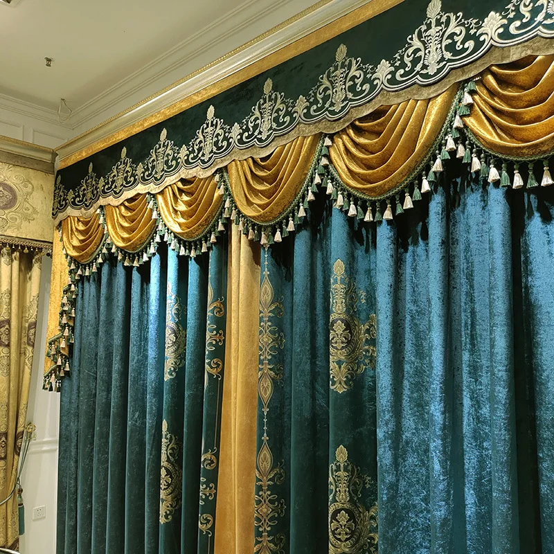 Custom curtain European living room high-end ice velvet duplex thick blue cloth blackout curtain tulle valance drape C1085