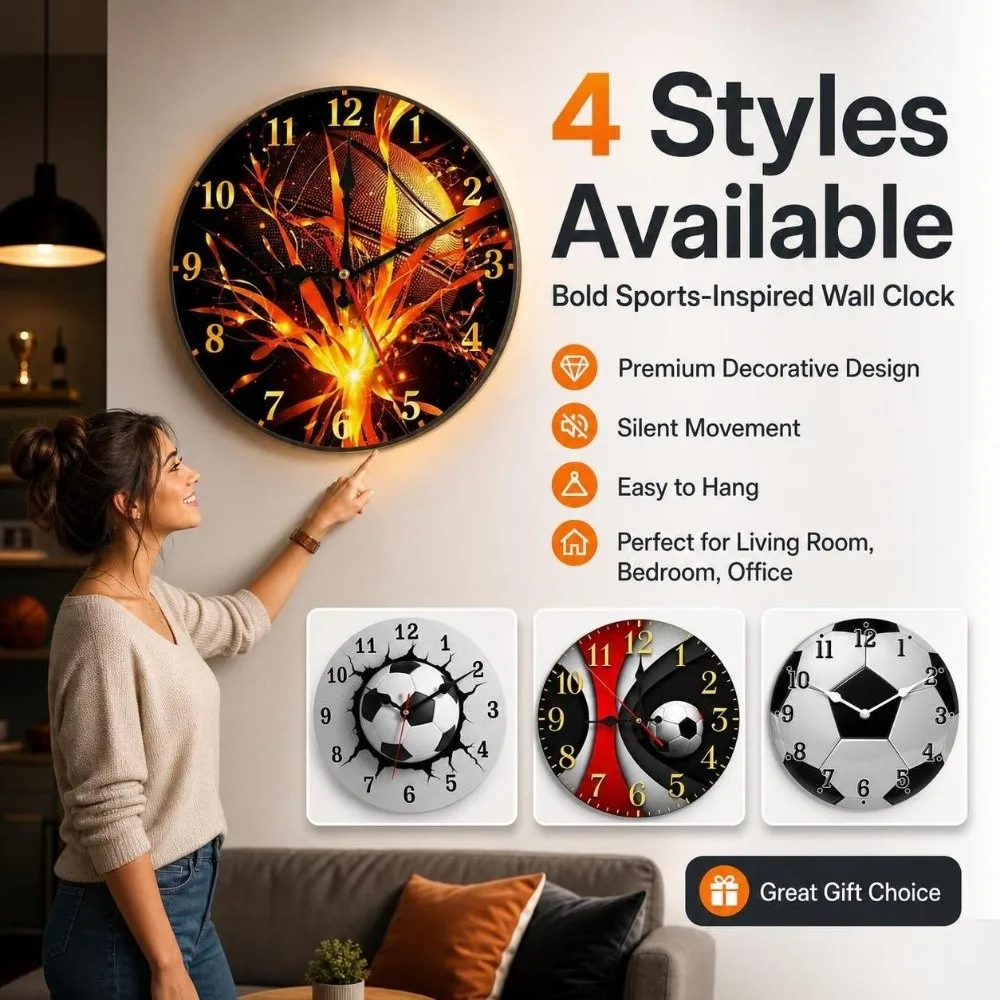 Solid Wood Round Wall Clock Silent Non-Ticking Football-Themed Wooden Clock 30cm Battery Operated Soccer Quartz Clock Dorm