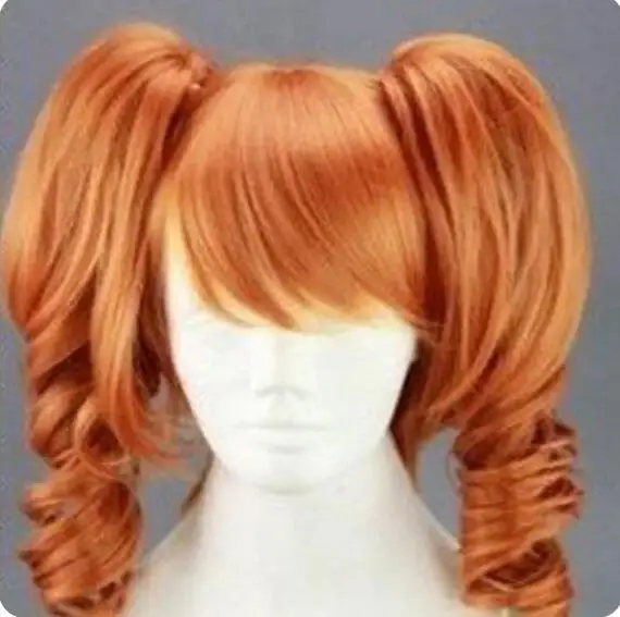 Wig Cosplay oranye panjang Medium 45cm Wig sintetis pesta kostum tahan panas 2 klip pada ekor kuda 7 warna