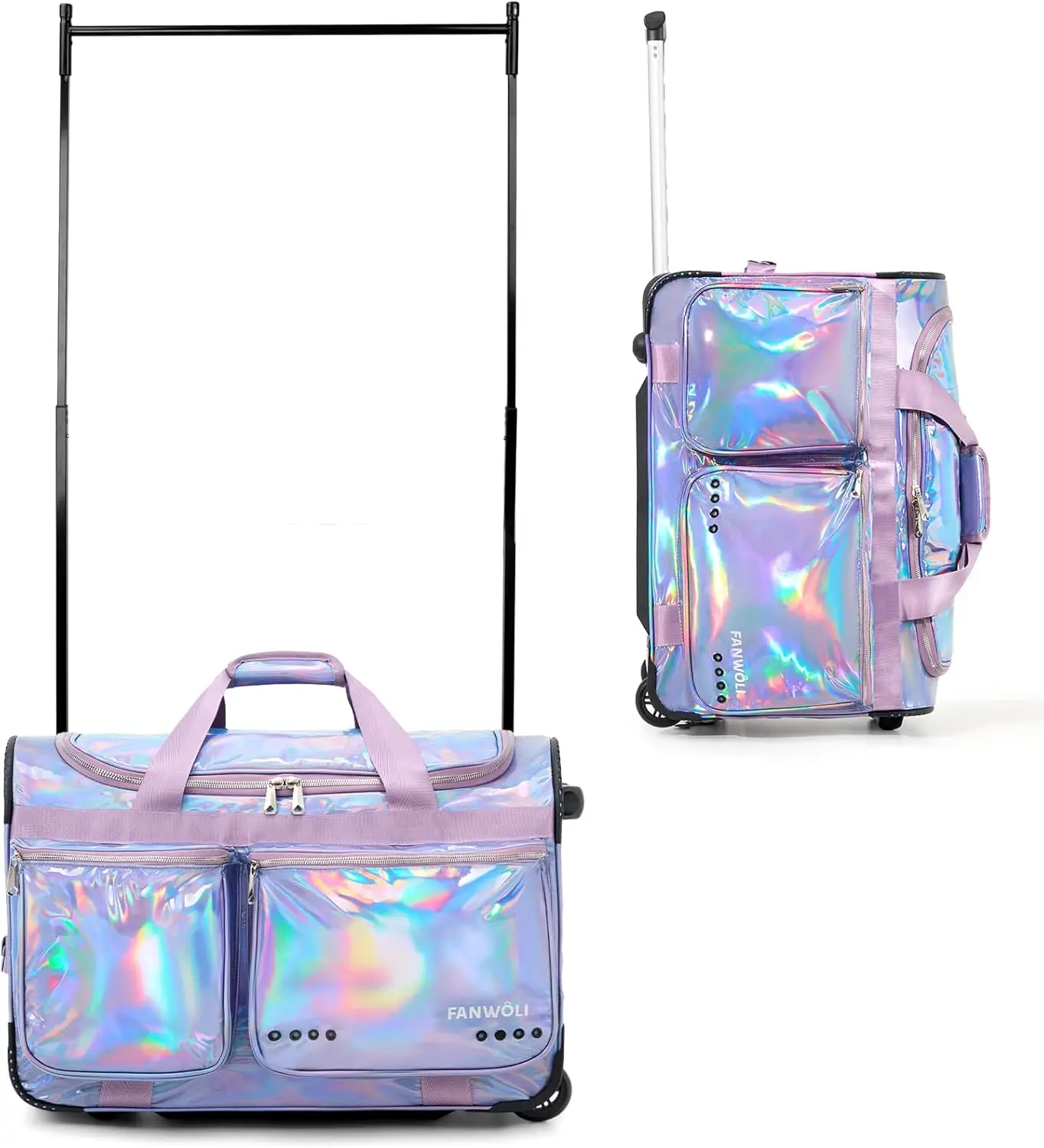 

23" Glowing Dance Bag with Garment Rack, Waterproof Iridescent Fabric for Dancer Cheerleader Little Princess, Mermaid Seablue
