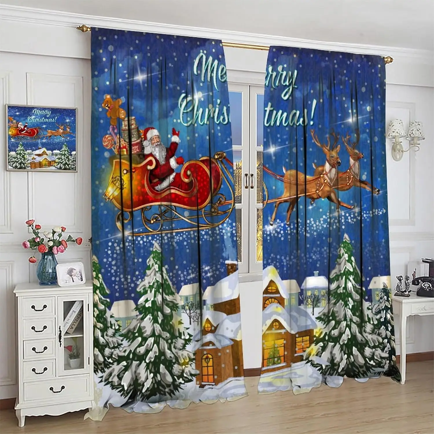 Christmas Curtains Santa Claus Sleigh Chimneys New Year Christmas Patterns Printed Window Treatment Bedroom Living Decoration