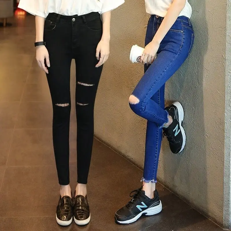 High Waist Denim Jeans Women's Outerwear Black Hole Spring New Korean Version Elastic Slimming Ankle-Length Pants