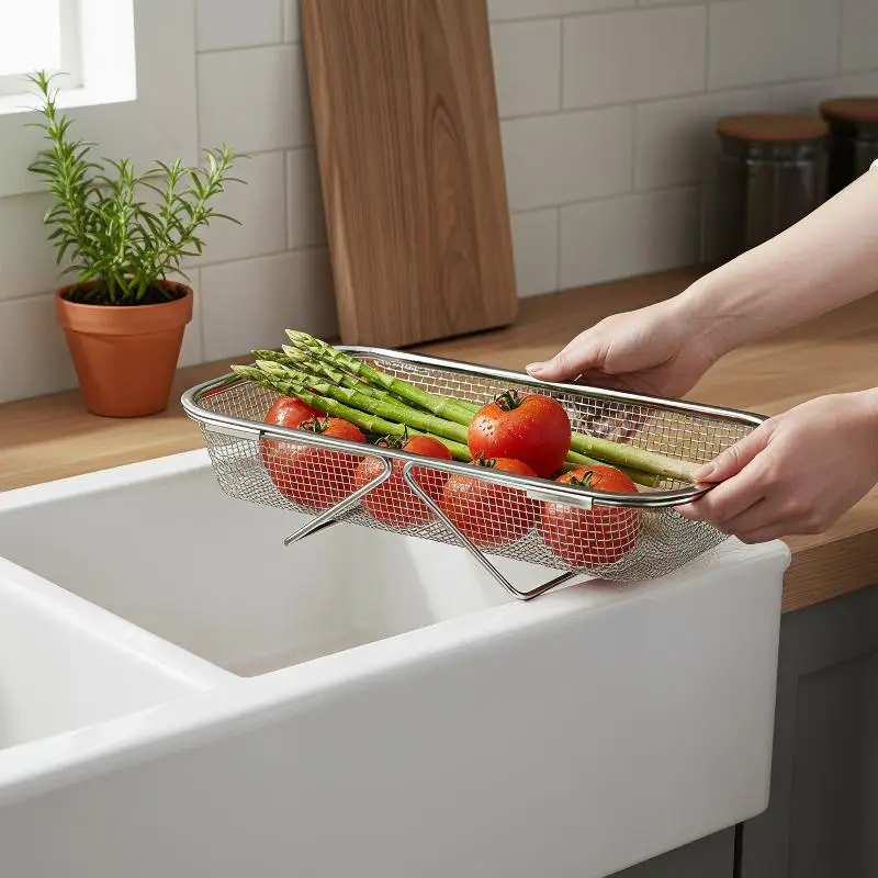Stainless Steel Sink Drain Basket Rust Proof Expandable Mesh Adjustable Arms for Kitchen Fruits Veggies Dishes Draining Supply