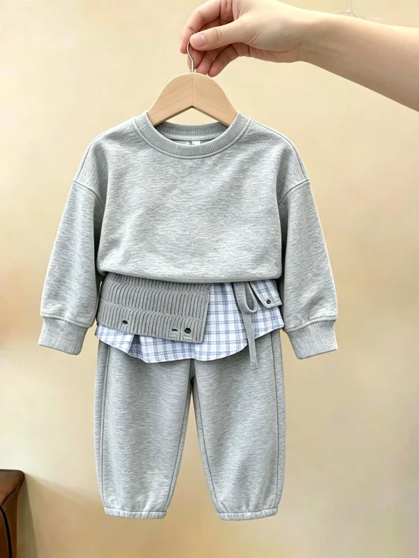 Girls Spring Autumn Faux Two-Piece Hoodie Wide Leg Pants Set 2026 New Stylish Two-Piece Suit Casual Korean Version Kids Outfits