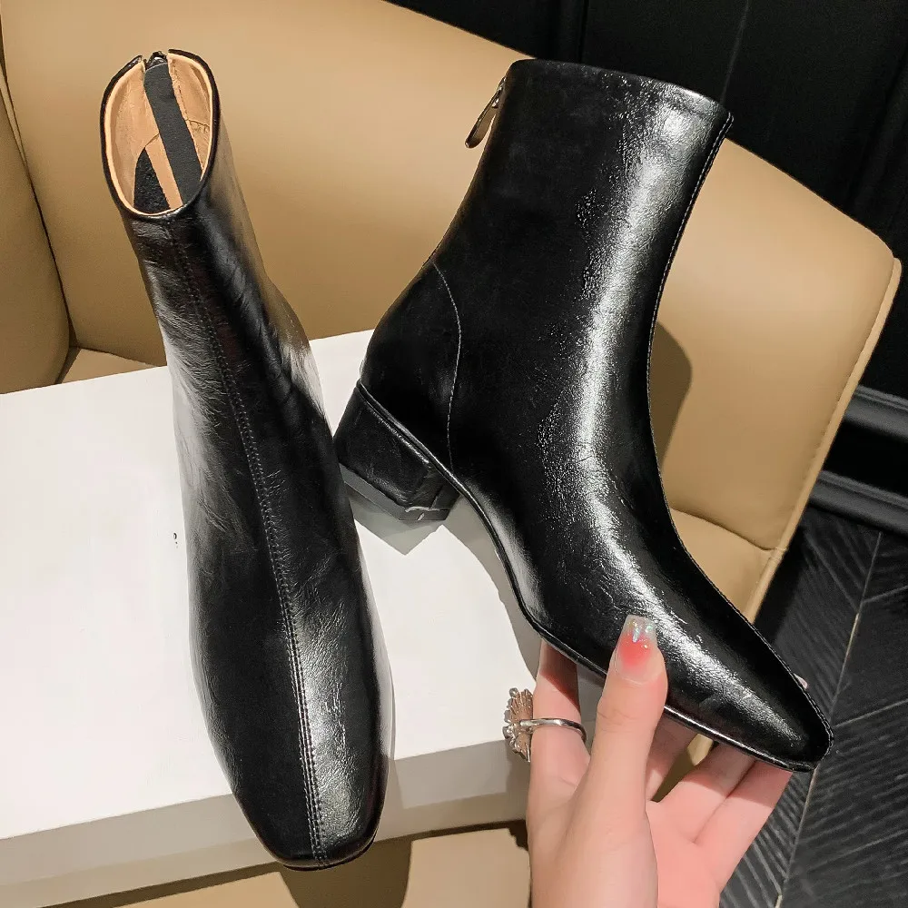 2023 Autumn new woman ankle boots cow leather back zip 4cm thick low heel short booties square toe casual female short booties