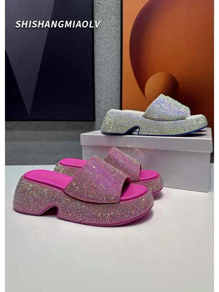 Women Luxury Crystal Slippers Outdoor Blingbling Slides Summer Shoes High Heels Unique Design Holiday Fashion Height Increase