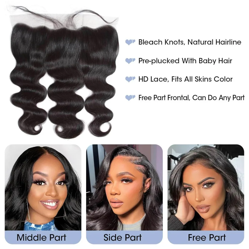 Body Wave Bundles with Frontal Human Hair Brazilian Remy Bundles Human Hair with Frontal 13x4 Lace Weave Extension Natural Black