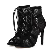 Sexy High Heels Hollow Mesh Sandals Women Summer Cross-tied Peep Toe Heeled Sandals Ankle Strap Dance Shoes Black Net Sandals - Image 3