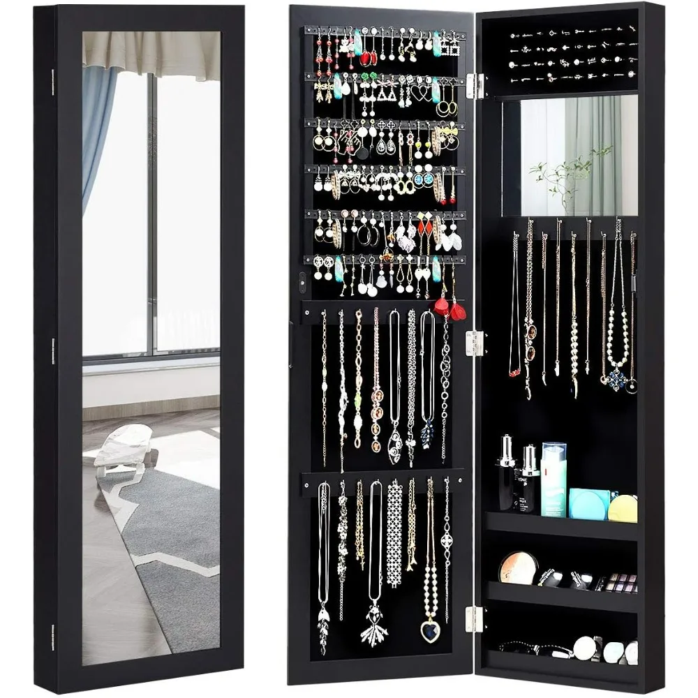 

Wall Mounted Jewelry Cabinet with Full Length Mirror Over The Door Jewelry Armoire Organizer Large Storage Makeup Mirror Velvet