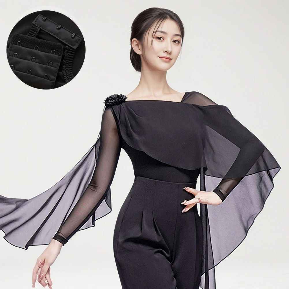 斜めネックラテンダンストップシンプルなステッチボール新しいエレガントな長袖トップ女性のメッシュブラックエレガントなジャンプスーツ