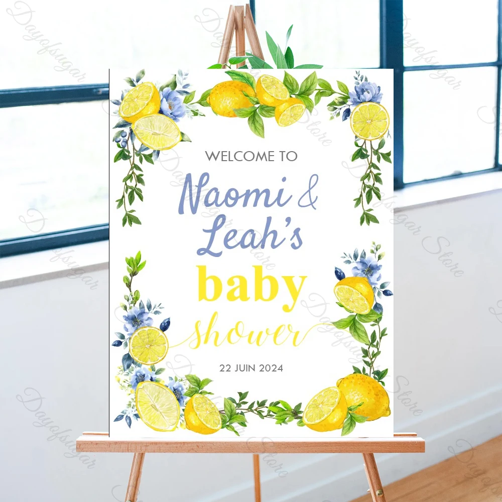 Niestandardowa cytrynowa znak witający gości dziecięca mozaika niebieskie kwiaty lemoniada Boho sumber Baby Shower znak witający gości na przyjęcie